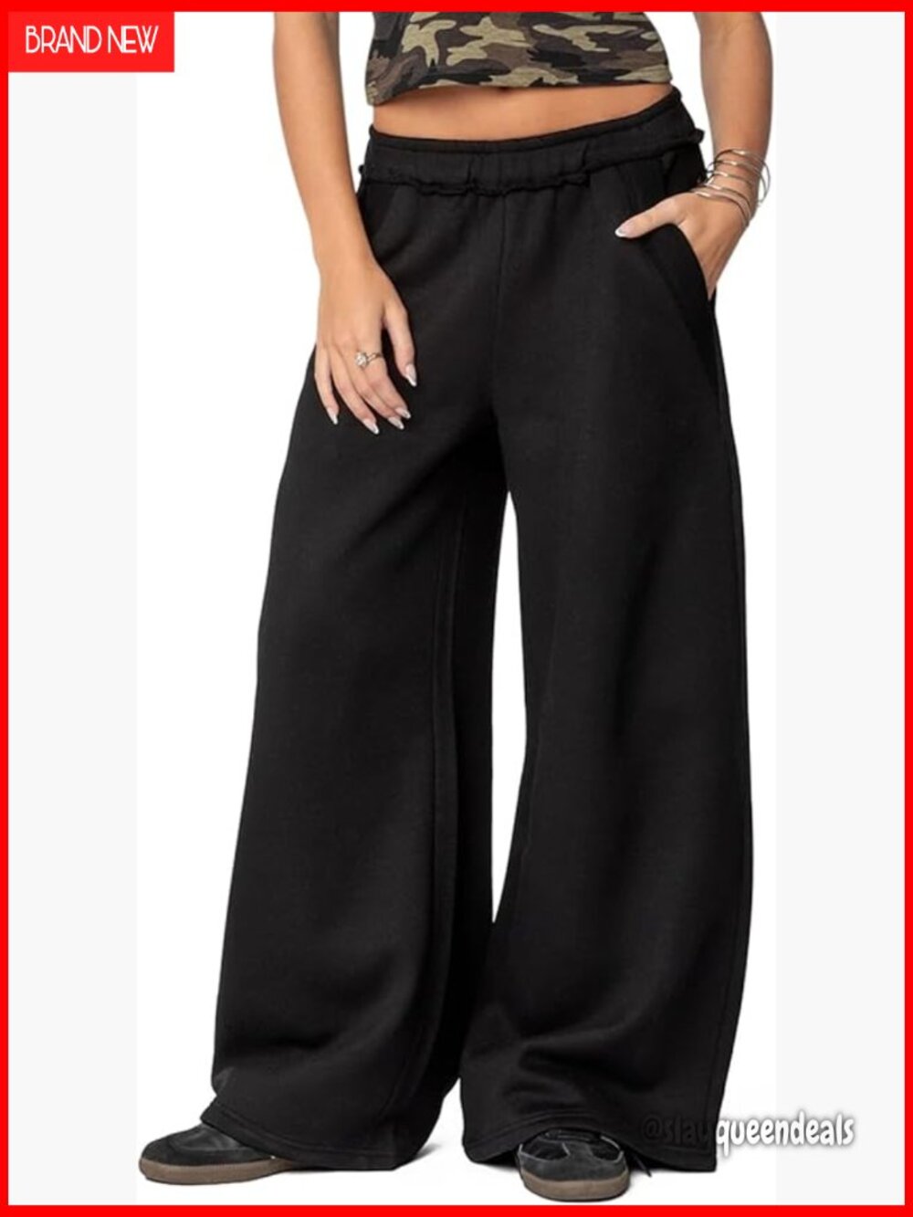 Fleece Lined Wide Leg Sweatpants Raw Hem Elastic Waist Baggy Lounge Pants